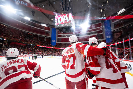 Alex DeBrincat of Detroit Red Wings celebrates with team