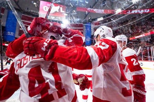 Shayne Gostisbehere of Detroit Red Wings celebrates with