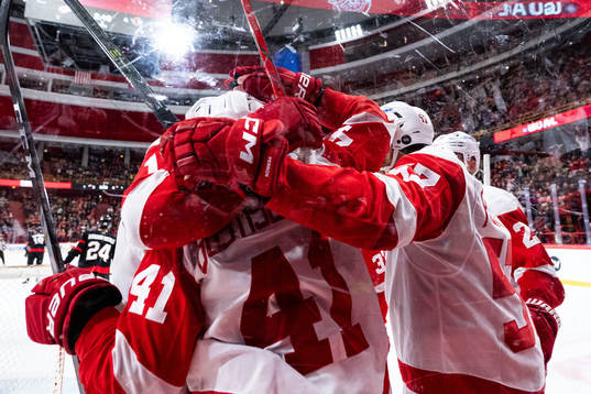 Shayne Gostisbehere of Detroit Red Wings celebrates with