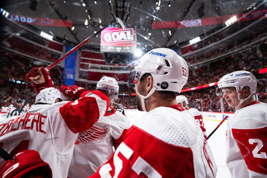 Shayne Gostisbehere of Detroit Red Wings celebrates with