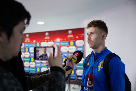 Samuel Gustafson of Sweden in mixed zone