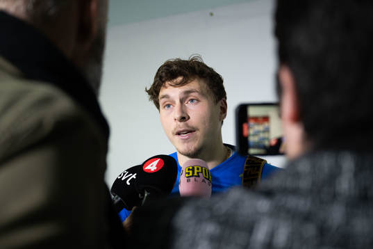 Victor Nilsson Lindelöf of Sweden in mixed zone