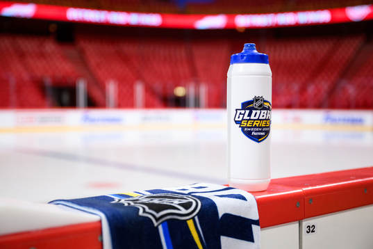 A water bottle with the NHL Global Series Logotype