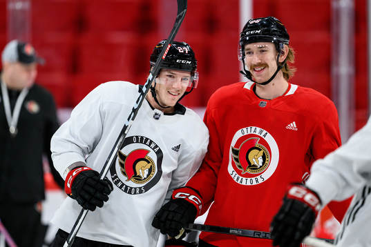 Parker Kelly and Jake Sanderson of Ottawa Senators