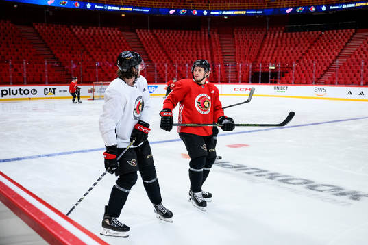 Zack MacEwen and Vladimir Tarasenko of Ottawa Senators