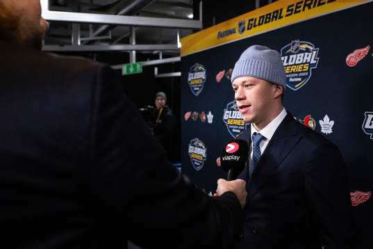 Lucas Raymond of Detroit Red Wings arrive at the arena