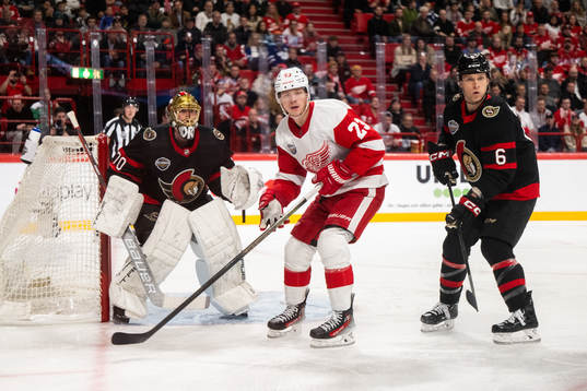 Lucas Raymond of Detroit Red Wings against goaltender