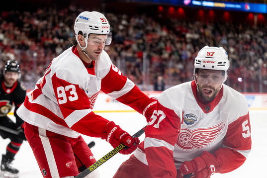 Alex DeBrincat and David Perron of Detroit Red Wings
