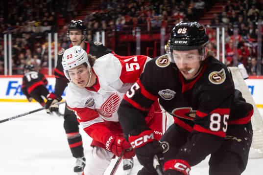 Moritz Seider of Detroit Red Wings and Jake Sanderson of