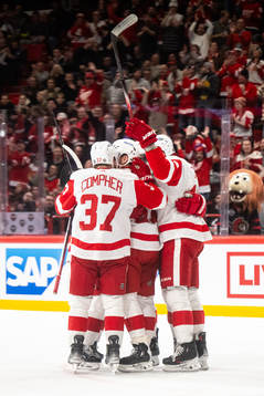 David Perron of Detroit Red Wings celebrates with team mates