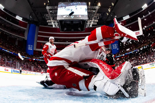 Goaltender James Reimer of Detroit Red Wings lets in the