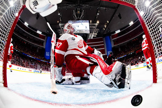 Goaltender James Reimer of Detroit Red Wings looks dejected