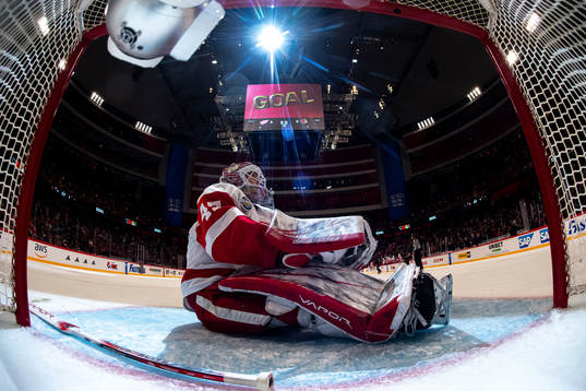 Goaltender James Reimer of Detroit Red Wings looks dejected