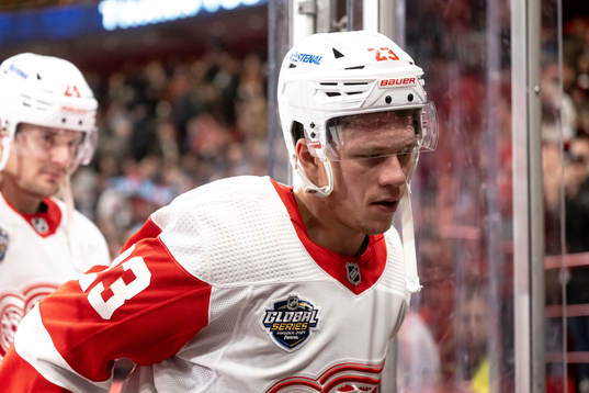 Lucas Raymond of Detroit Red Wings looks dejected