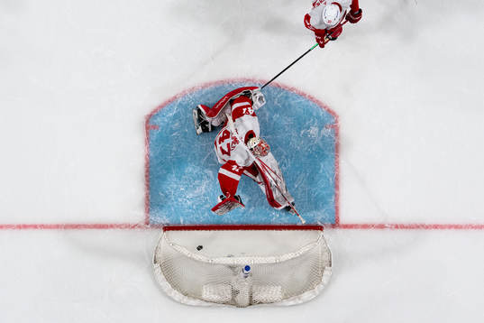 Goaltender James Reimer of Detroit Red Wings lets in the