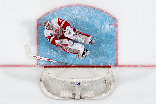 Goaltender James Reimer of Detroit Red Wings looks dejected