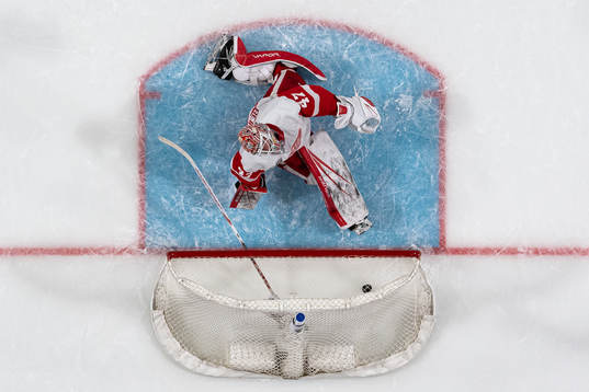 Goaltender James Reimer of Detroit Red Wings looks dejected
