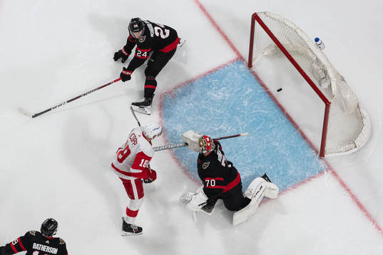 Goaltender Joonas Korpisalo of Ottawa Senators lets in the