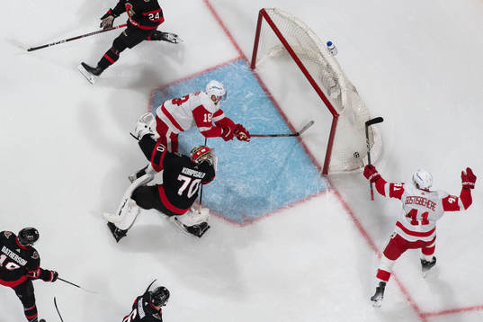 Goaltender Joonas Korpisalo of Ottawa Senators lets in the