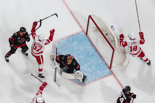 Andrew Copp and David Perron of Detroit Red Wings celebrate