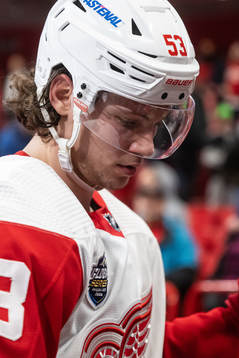 Moritz Seider of Detroit Red Wings looks dejected