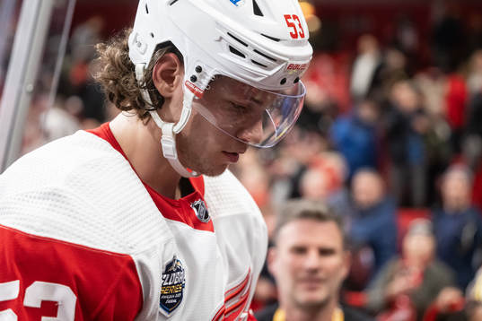 Moritz Seider of Detroit Red Wings looks dejected