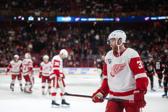 T Compher of Detroit Red Wings looks dejected