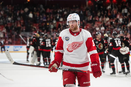 T Compher of Detroit Red Wings looks dejected