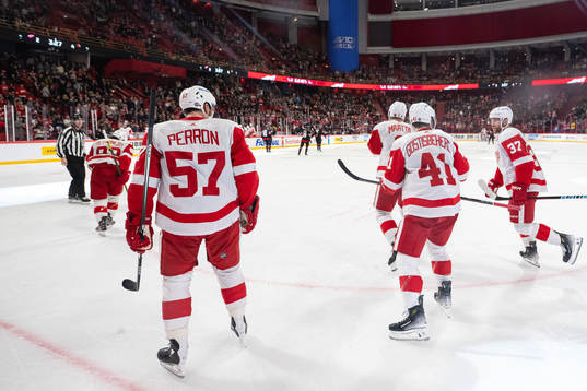 Alex DeBrincat of Detroit Red Wings celebrate with David