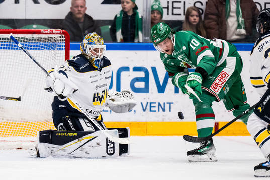 HV71s målvakt Joni Ortio och Rögles Rodrigo Abols