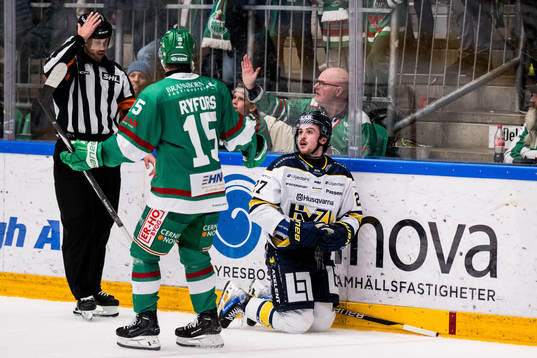 Domare Johan Magnusson och Rögles Simon Ryfors och HV71s
