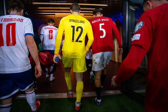 Goalkeeper Mathias Dyngeland and David Møller Wolfe of