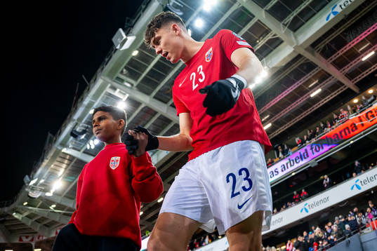 Jørgen Strand Larsen of Norway enters the pitch