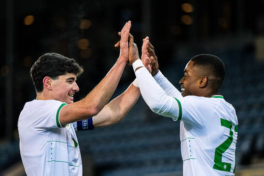 Aidomo Emakhu of Ireland celebrates with Anselmo Garcia