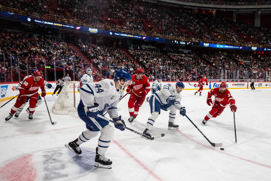 Morgan Rielly and William Lagesson of Toronto Maple Leafs