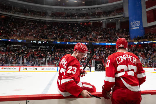 Lucas Raymond and Michael Rasmussen of Detroit Red Wings