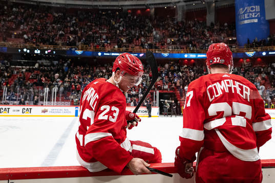 Lucas Raymond and Michael Rasmussen of Detroit Red Wings