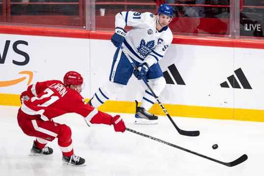 Dylan Larkin of Detroit Red Wings and John Tavares of