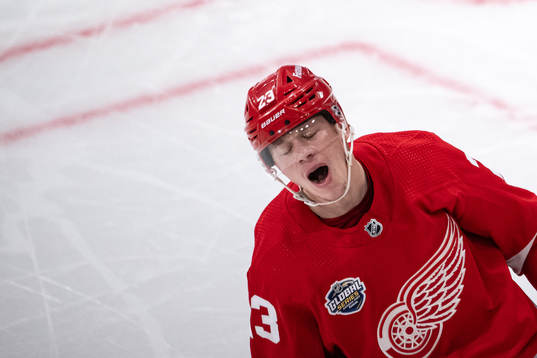 Lucas Raymond of Detroit Red Wings reacts