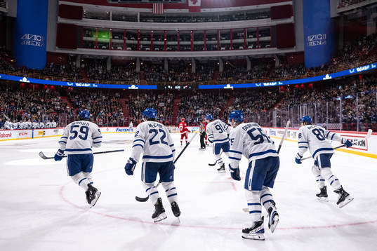 John Tavares of Toronto Maple Leafs celebrate with teammates