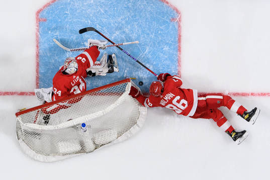 goalkeeper Alex Lyon and Jake Walman of Detroit Red Wings