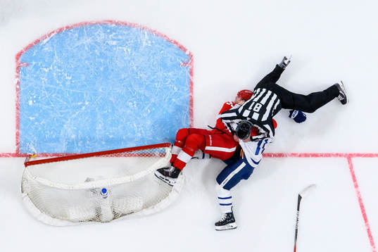 Moritz Seider of Detroit Red Wings and Max Domi of Toronto