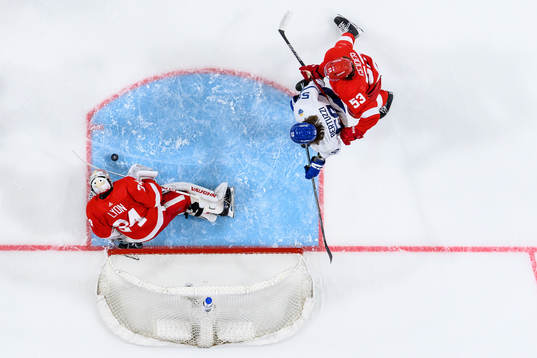 goalkeeper Alex Lyon and Moritz Seider of Detroit Red Wings