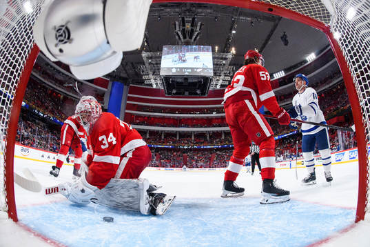 goalkeeper Alex Lyon and Moritz Seider of Detroit Red Wings