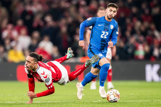 Yussuf Poulsen of Denmark and Adam Cerin of Slovenia