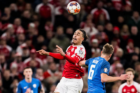 Yussuf Poulsen of Denmark and Jaka Bijol of Slovenia
