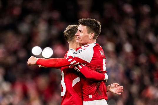 Joakim Mæhle and Jesper Lindstrøm of Denmark celebrates