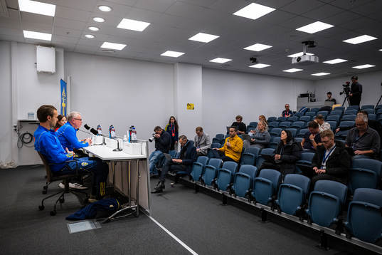 Head coach Janne Andersson and Albin Ekdal of the Swedish