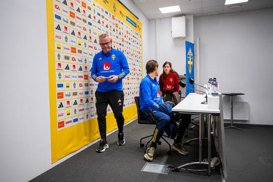 Head coach Janne Andersson and Albin Ekdal of the Swedish
