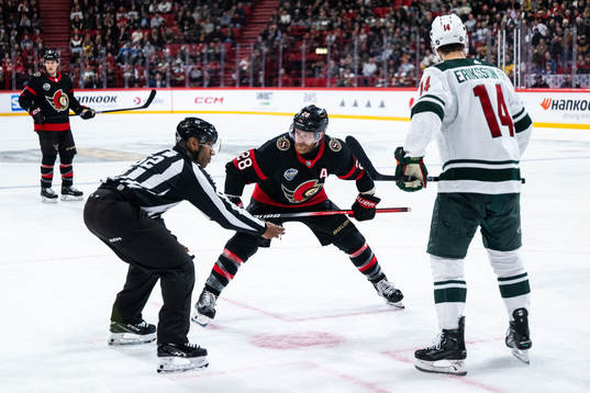 Claude Giroux of Ottawa Senators and Joel Eriksson Ek of